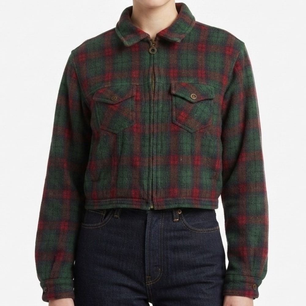 Vintage 90s Paris Sport Club Plaid Wool Jacket Womens Small Zip Up